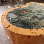 Organic Nesting Coffee Table Set with Natural Burl Veneer and Green Marble Tops